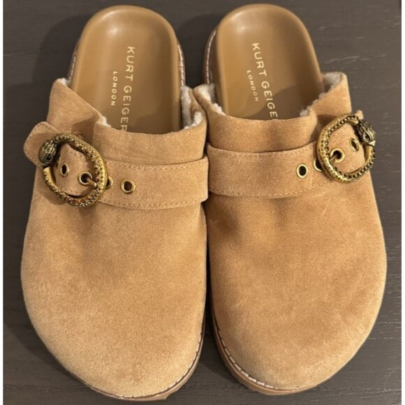 Kurt Geiger Size 38 / 7.5 Tan Clog Mule Eagle Head  Mayfair Suede Shoes - Picture 1 of 12
